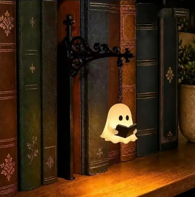 Warm LED Hanging Bookshelf Lantern - DIY Specialty Supply for Reading Nooks, Ghost-Themed Halloween Decorative Gift for Book Lovers