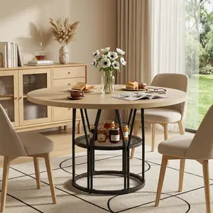 YJ-Garvee 1 pcs Round Dining Table for 4-6, 47in Modern Circular Table with Storage Shelf and Sturdy Metal Frame, Ideal for Kitchen, Living Room, Apartment, or Office in Natural Finish,Wood color