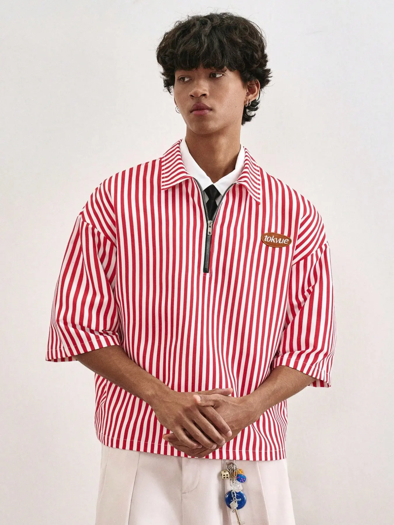 Men's Y2K Striped Half-Zip Shirt, Loose Fit Shirts, Vintage School Team Style, Loose Fit Breathable Fabric, Embroidered Badge, Casual Summer Streetwear