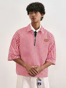 Men's Y2K Striped Half-Zip Shirt, Loose Fit Shirts, Vintage School Team Style, Loose Fit Breathable Fabric, Embroidered Badge, Casual Summer Streetwear
