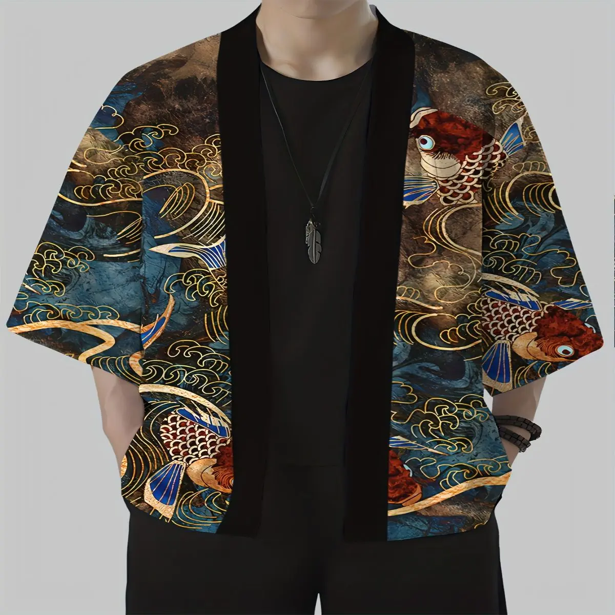 Unisex Haori Jacket, Japanese Streetwear Cardigan with Golden Fish & Eye Print, Open-Front for Casual Summer Wear, Menswear, Clothes, Cartoon, Kimono, Unisex Cut