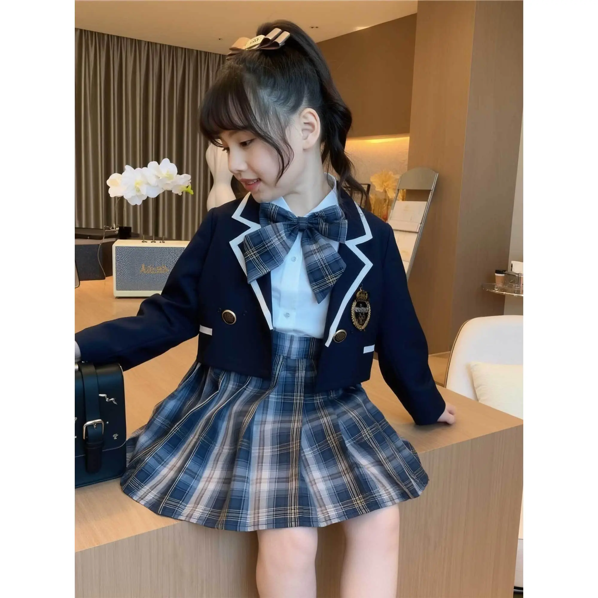 Girls' 3pcs School Uniform Set - Khaki Trimmed Plaid Pleated Skirt & Bow-Tie Jacket with Shirt |         Classic Collar Long Sleeve Outfit |         Non-Stretch/Fall |         to Early Childhood Education |         JK Uniform Young Girls ( to Young Childr