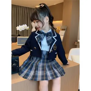 Girls' 3pcs School Uniform Set - Khaki Trimmed Plaid Pleated Skirt & Bow-Tie Jacket with Shirt |   Classic Collar Long Sleeve Outfit |   Non-Stretch/Fall |   to Early Childhood Education |   JK Uniform Young Girls ( to Young Children)
