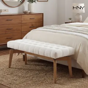 【SummerWins】HNY 45.5" Modern Tufted Entryway Bench, Sherpa Upholstered Wood Floating Design Ottoman Bench Seats for Bedroom, Window, Living Room Indoor Hallway,White summerwins
