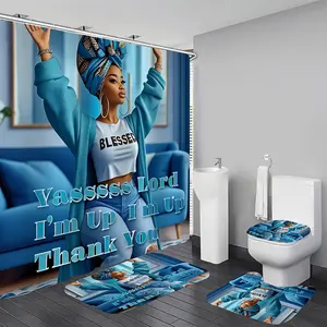4PC Beautiful Girl Summer Unique Elegant Polyester Cloth With 12 Hooks Shower Curtain For Bathrooms Waterproof Quick Drying Machine Washable Home Bathroom Decor Shower Curtain Sets for Bathroom