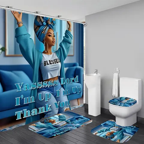 Yrztrk 4PC Polyester Removable Shower Curtain Set with 12 Hooks - Waterproof, Quick-Drying, Machine-Washable Bathroom Accessory, Contemporary Daily Elegance Art-Inspired Character Image Summer Girl Decor