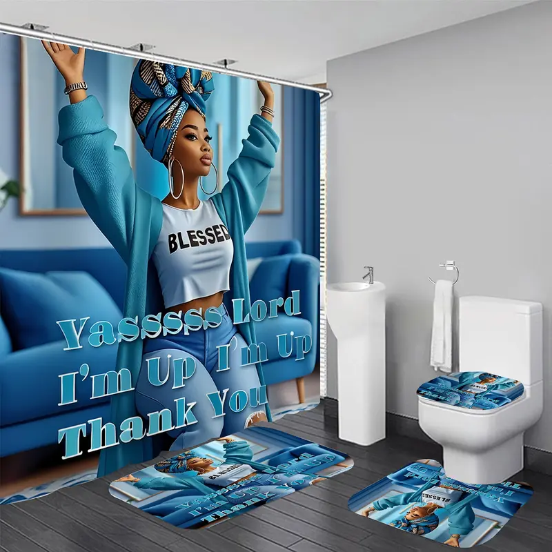 Yrztrk 4PC Polyester Removable Shower Curtain Set with 12 Hooks - Waterproof, Quick-Drying, Machine-Washable Bathroom Accessory, Contemporary Daily Elegance Art-Inspired Character Image Summer Girl Decor