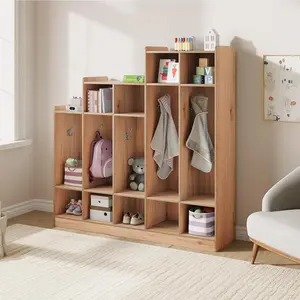 5-Section Kids Coat Locker - 9 Storage Cubbies, 10 Hooks - Durable Wooden Organizer for School, Nursery, Home - Multilayer Board