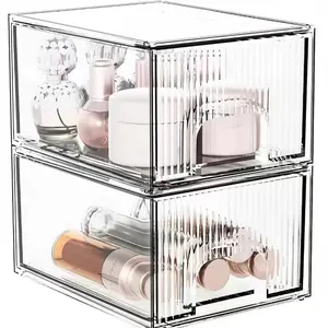 2-Pack Striped Clear Stackable Storage Drawer Organizer, Modern Acrylic Makeup Drawers for Skincare & Vanity, Ideal Bathroom & Pantry Organizational Gift