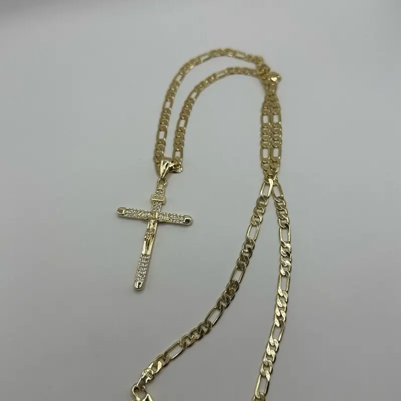 Gold Plated Cross Necklace 22” inches Figaro Chain