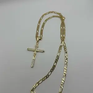 Gold Plated Cross Necklace 22” inches Figaro Chain