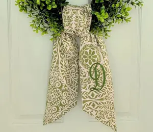 Monogram fall green floral chinoiserie wreath sash for front door, personalized embroidered autumn wreath sash, custom wedding & shower gift