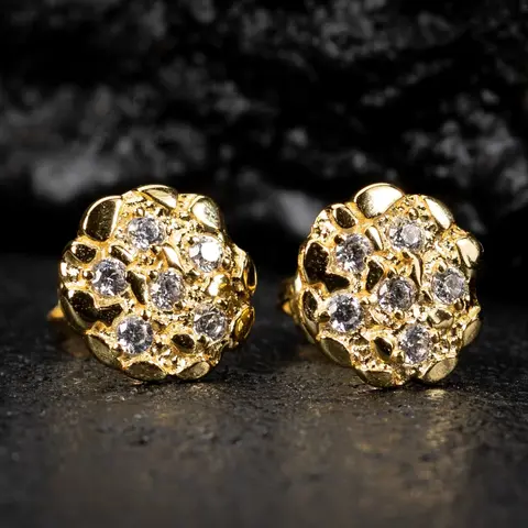 MaxBling81 Unisex 14K Gold Plated Brass Gold Nugget Stud Earrings - Cubic Zirconia Accents, 4 Sizes (12mm,14mm,16mm,20mm), High-Quality Polished, Jewelry for Women, Birthday Gifts for Him, Daily Elegance, Decorative Studs