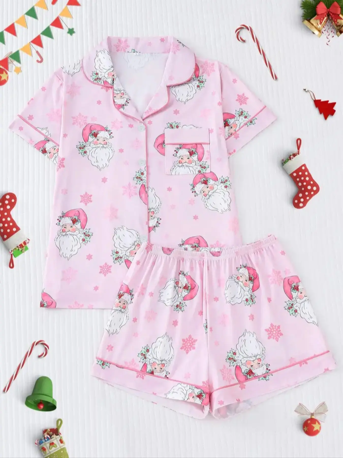 Women's Two-Piece Pajama Set, Casual Comfortable Short Sleeve Shirt & Elastic Waist Shorts, All-Season Home Wear, Christmas Print, Loungewear