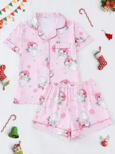 Women's Two-Piece Pajama Set, Casual Comfortable Short Sleeve Shirt & Elastic Waist Shorts, All-Season Home Wear, Christmas Print