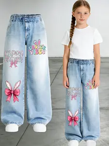 Easter Girls Cartoon Rabbit Print Jeans, Casual Fitted Denim Jeans, Easter Gift, Kids Clothing, Ages 4-14, Girl Fashion, Cartoon Print Pants
