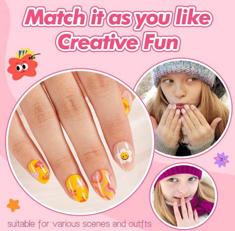 Misssix 78 Pcs Press on Nails for Kids, 3 Pack Kid Fake Nail Kit Cute Press on Nails, Old Colorful Flower Glue On Nails Stick On Nails for Girls 8-12 Years