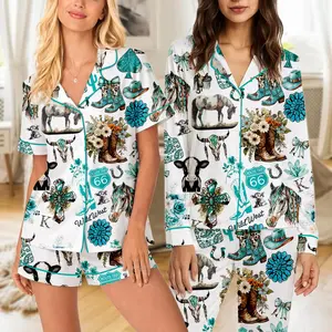 Cowgirl Satin Pajama Set For Women, Western Cow Print Pajamas Long Sleeve Or Short Sleeve Button Up Pjs, Fun Girls Night Gift