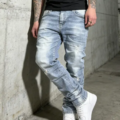 SRETOUU Men's Light-Wash Distressed Slim-Fit Jeans Vintage Ripped Streetwear Denim Pants for Casual Wear & Everyday Outfits - Menswear Menswear Trouser