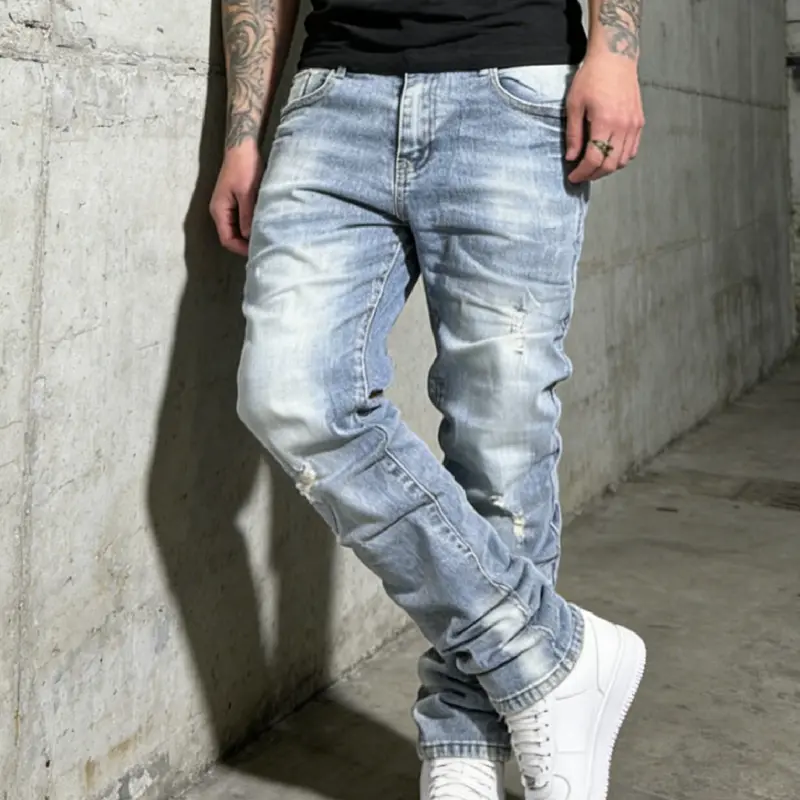 SRETOUU Men's Light-Wash Distressed Slim-Fit Jeans Vintage Ripped Streetwear Denim Pants for Casual Wear & Everyday Outfits - Menswear Menswear Trouser