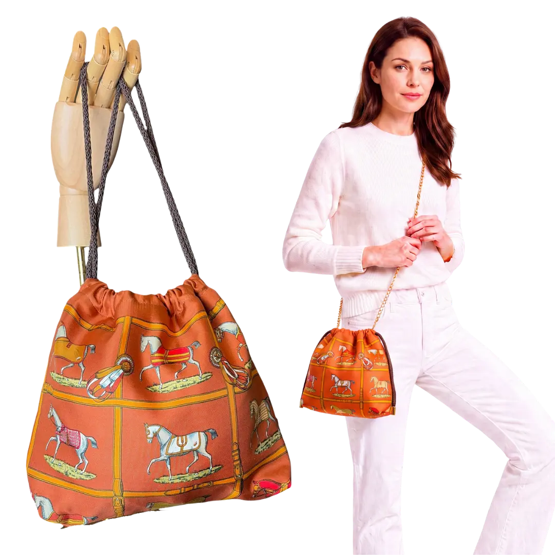Petits Chevaux Orange Vintage Silk Scarf Drawstring Crossbody Bag