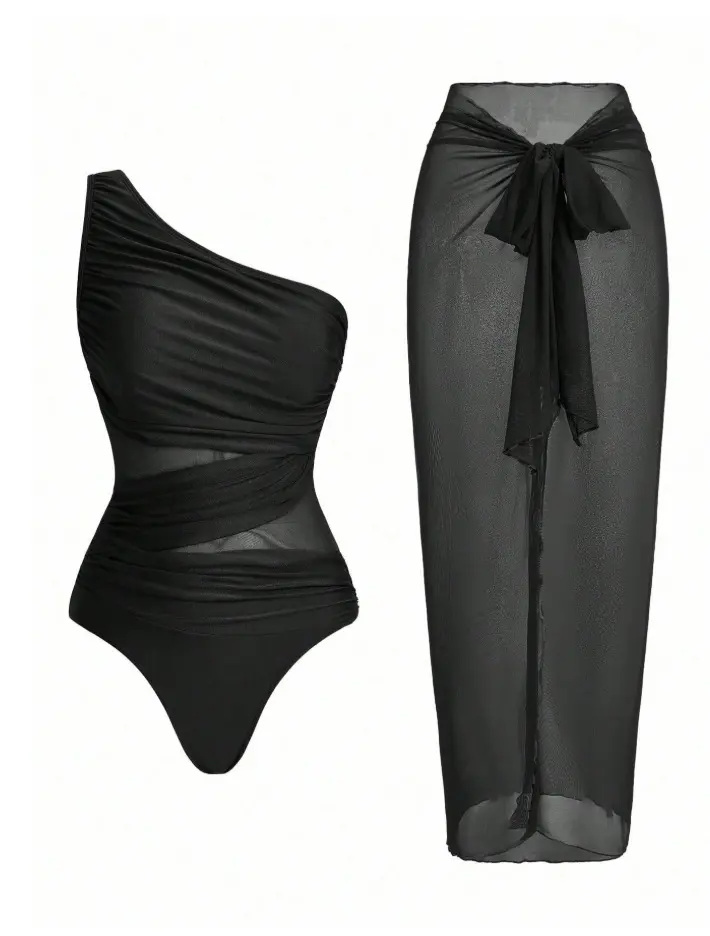 Women's One Piece Swimsuits One Shoulder Plus Size Swimwear Bathing Suit with See Through Mesh Style