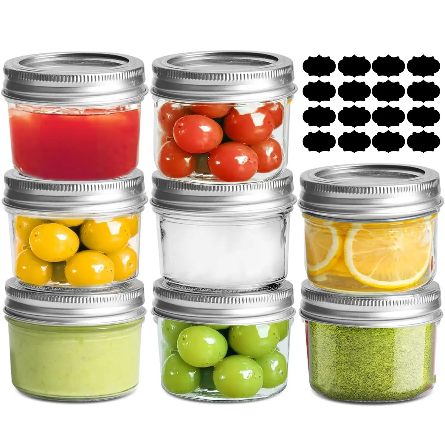 4oz/120 ML Mason Jars, 8 Pack Regular Mouth Mason Jar with Lids and Labels, Small Glass Canning Jar for Spice, Jam, Honey, Jelly, Dessert, Shower Wedding Favors, DIY Candles Decor, Airtight Jars