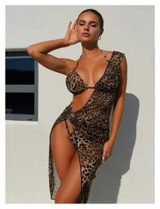 Leopard Print Bikini Set for Women - Halter Swimsuit Two Piece with Mesh Cover Up Dress - Adjustable Straps, Sexy Beachwear, Summer Vacation Outfit
