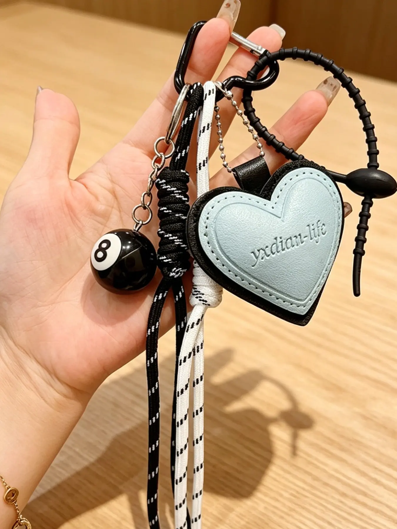 Y2K Aesthetic Braided Heart Bag Charm 8-Ball Pendant Fashion Accessory