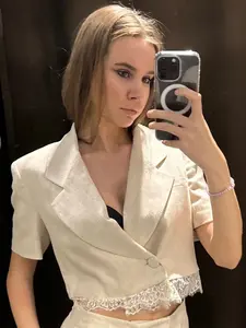 Khaki Cropped Lace Blazer Woman Summer 2026 Casual Asymmetric Button Collar Neck Short Sleeve Suit Jacket Money Quiet Luxury Office Commutes Blazer