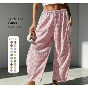 Womens  Wide Leg Gingham Striped Plaid Pants Casual Barrel Loose Drawstring Low Waist Palazzo Harem Pants with Pockets