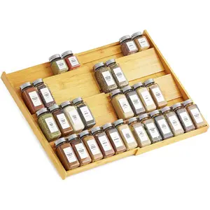 Bamboo Spice Drawer Storage Box, (3-Inch Deep Drawer Required) Expandable 4-Tier Spice Rack for Use with Cabinets, Kitchen Condiment Storage Insert (Jar Not Included, width from 12 Inches to 23 Inches)