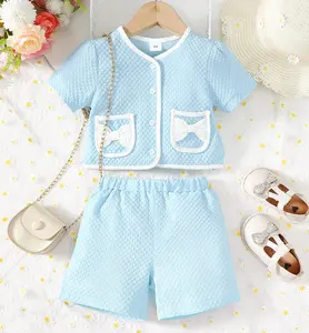 Ready Stock Kid Girls Clothes 4Y,5Y,6Y,7Y Girls Chanel Style 2Pcs,Button Front Vintage Short Sleeve Tops + Shorts Summer Outfits Blue 132401021