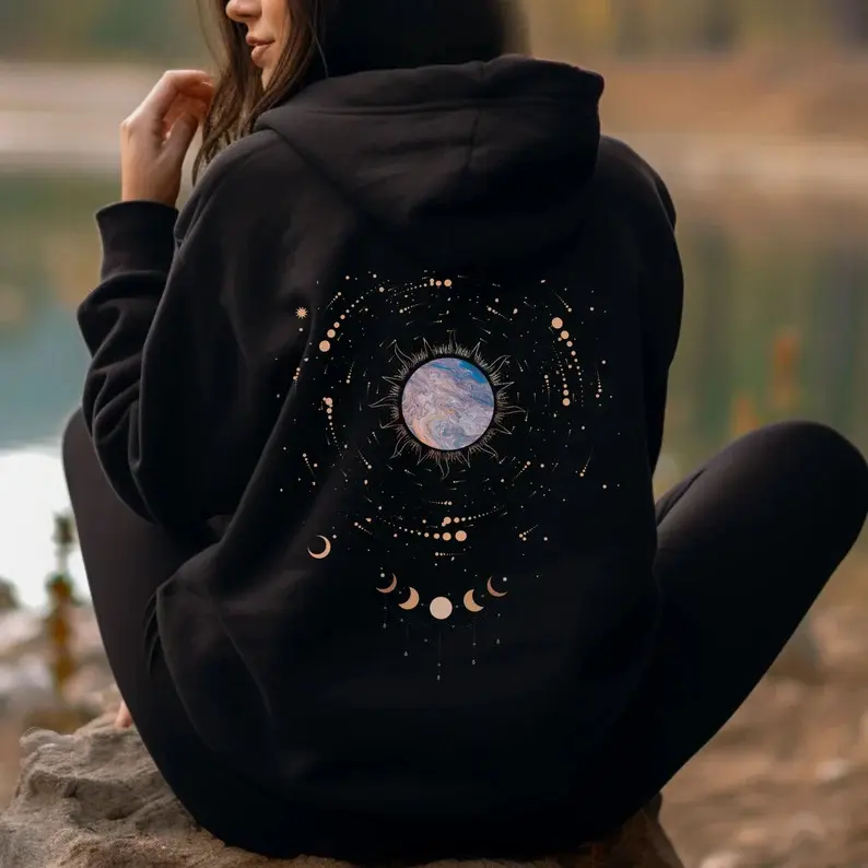 Men's Moon-Connected Witch-Style Hoodie - Starry Sky Printed Aesthetic Pullover, Pastoral Trendy Sweatshirt