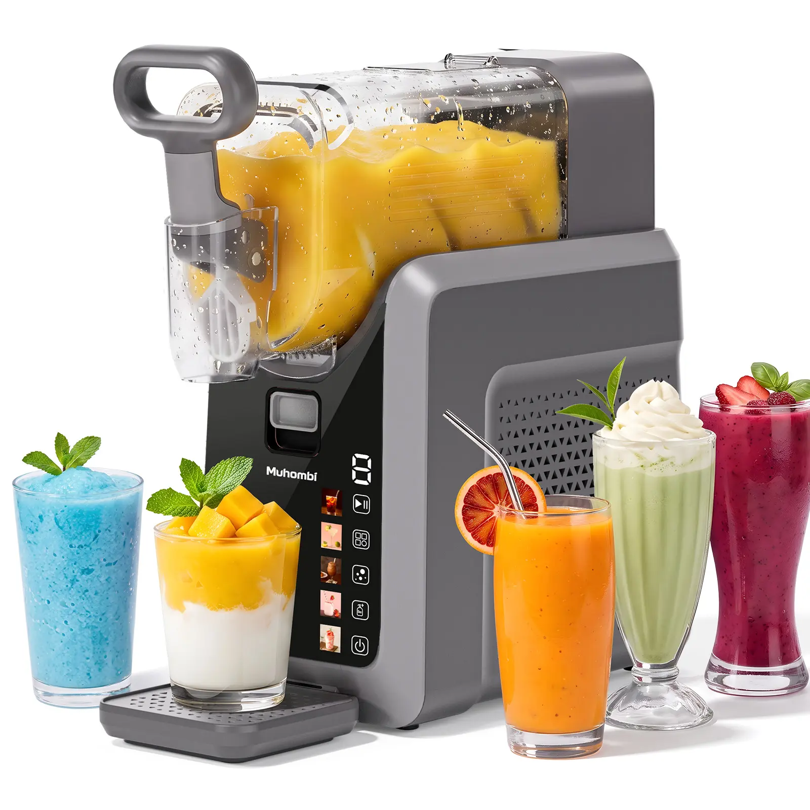 Muhombi 2L Countertop Slushy Machine - No Pre-Freeze Frozen Drink Maker, 0-9 Adjustable Hardness Levels, Smart Presets for Milkshake, Frozen Juice, Gray & Pink for Home Bar Summer Use