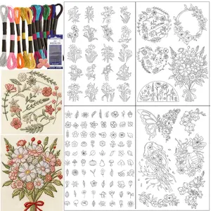 Floral Pattern Water-Soluble Embroidery Paper Set, Embroidery Design, DIY Self-Adhesive Stickers with 12 Colors Metal Threads & 16 Needles, Clothing Bag Decoration