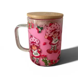 Strawberry Shortcake Mug with Bamboo Lid - Pink Design Featuring Characters and Floral Motifs - Perfect for Drinks