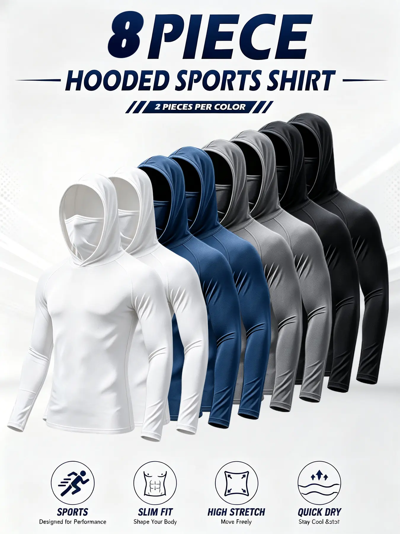 8-Pack Men’s Performance Hoodies, Lightweight Long Sleeve Athletic Shirts with UPF 50+ Sun Protection, Moisture-Wicking Gym Gear, Breathable & Quick-Dry for Running, Fishing, and Outdoor Workouts