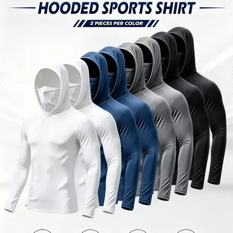 Men’s Minimalist Polyester Slim Fit Plain All-Seasons Performance Hoodies (3/4/6/8-Pack) - Lightweight Long-Sleeve Athletic Tops with UPF 50+ Sun Protection, Moisture-Wicking, Breathable, Quick Dry, Built-In Mask, Machine Washable for Outdoor Workouts
