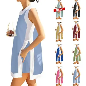 Women's 2-piece casual color blocked round neck short sleeved pullover paired with pocket shorts