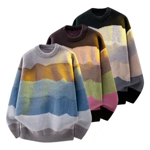 Colorblock striped print drop shoulder sweater, casual soft long sleeve crew neck sweater for autumn and winter, everyday fashion knitwear, unisex, men's long sleeve sweater with stylish design crew neck sweater for men, versatile simple loose striped bas