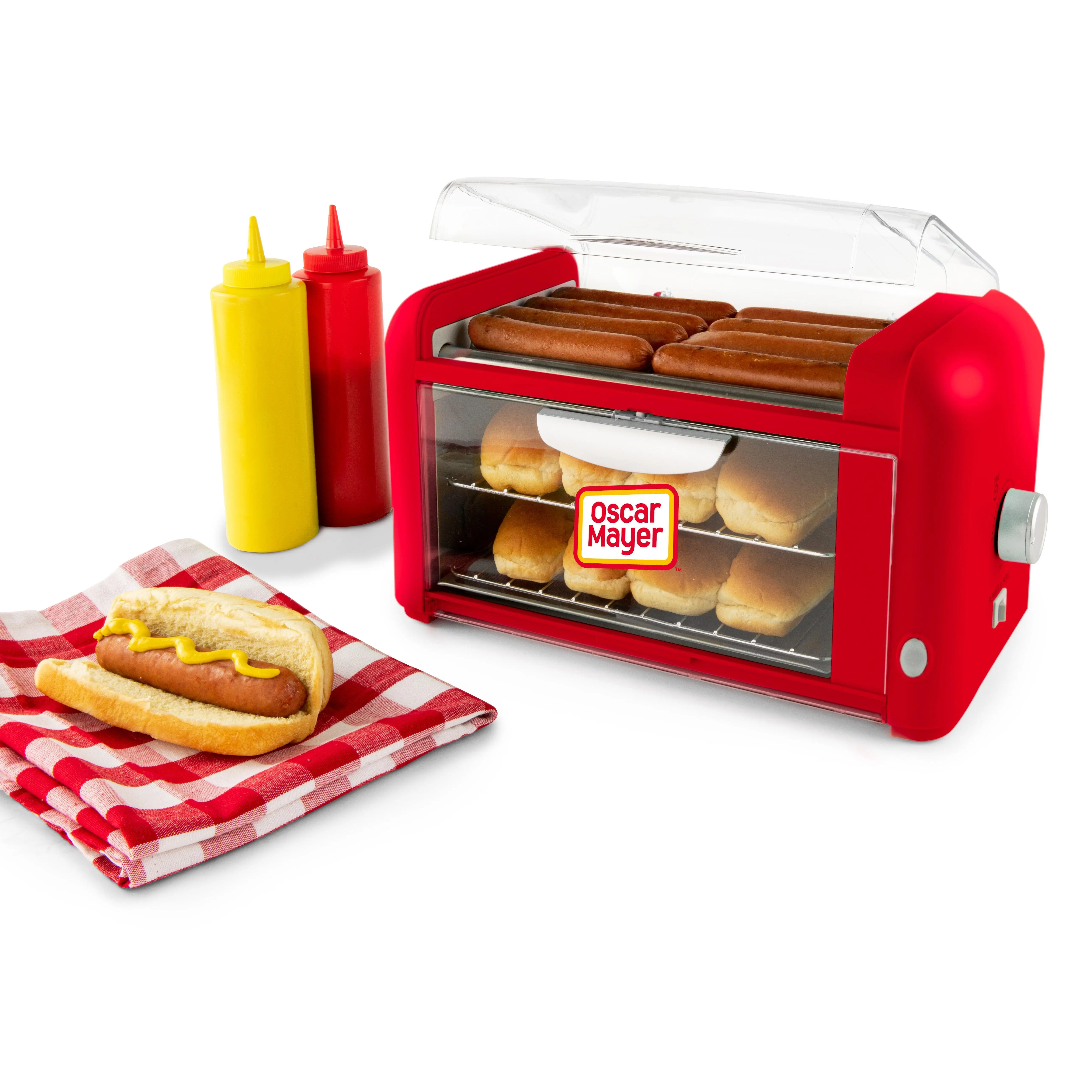 Oscar Mayer Hot Dog Roller & Bun Warmer - Red Compact Classic Corded Household Appliance with 2 Bun Warming Racks, Adjustable Timer, Cord Wrap for Stow, See-Through Doors (for Picnics, Gatherings)