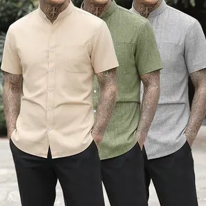 Men's Mandarin Collar Short Sleeve Shirt, Casual Breathable Stand Collar Top, Lightweight Daily & Summer WearBreathable Mandarin Collar Shirt, Short Sleeve Casual Button Top, Lightweight Summer Wear for Men
