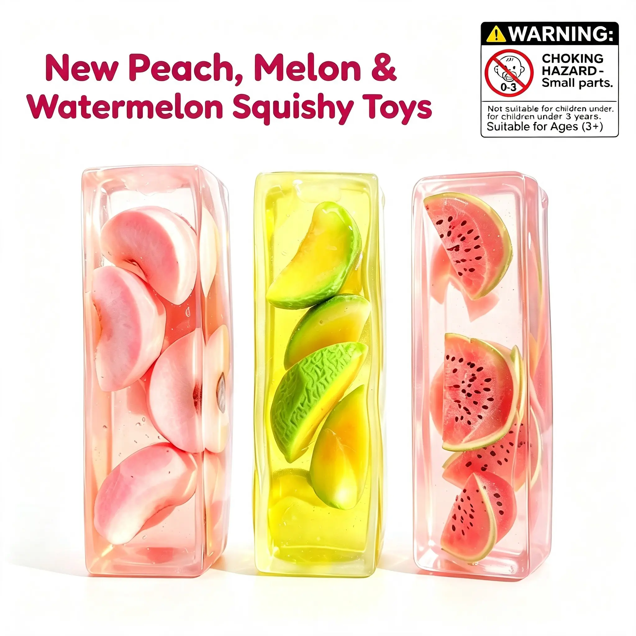 Clear Fruit Jelly Bar TPR Squishy Fidget Toy, Soft ASMR Sensory Mochi Squishies (Peach, Watermelon, Honeydew), Stress Relief Squeeze Toy, Cute Collectible Gift for Teens/Adults