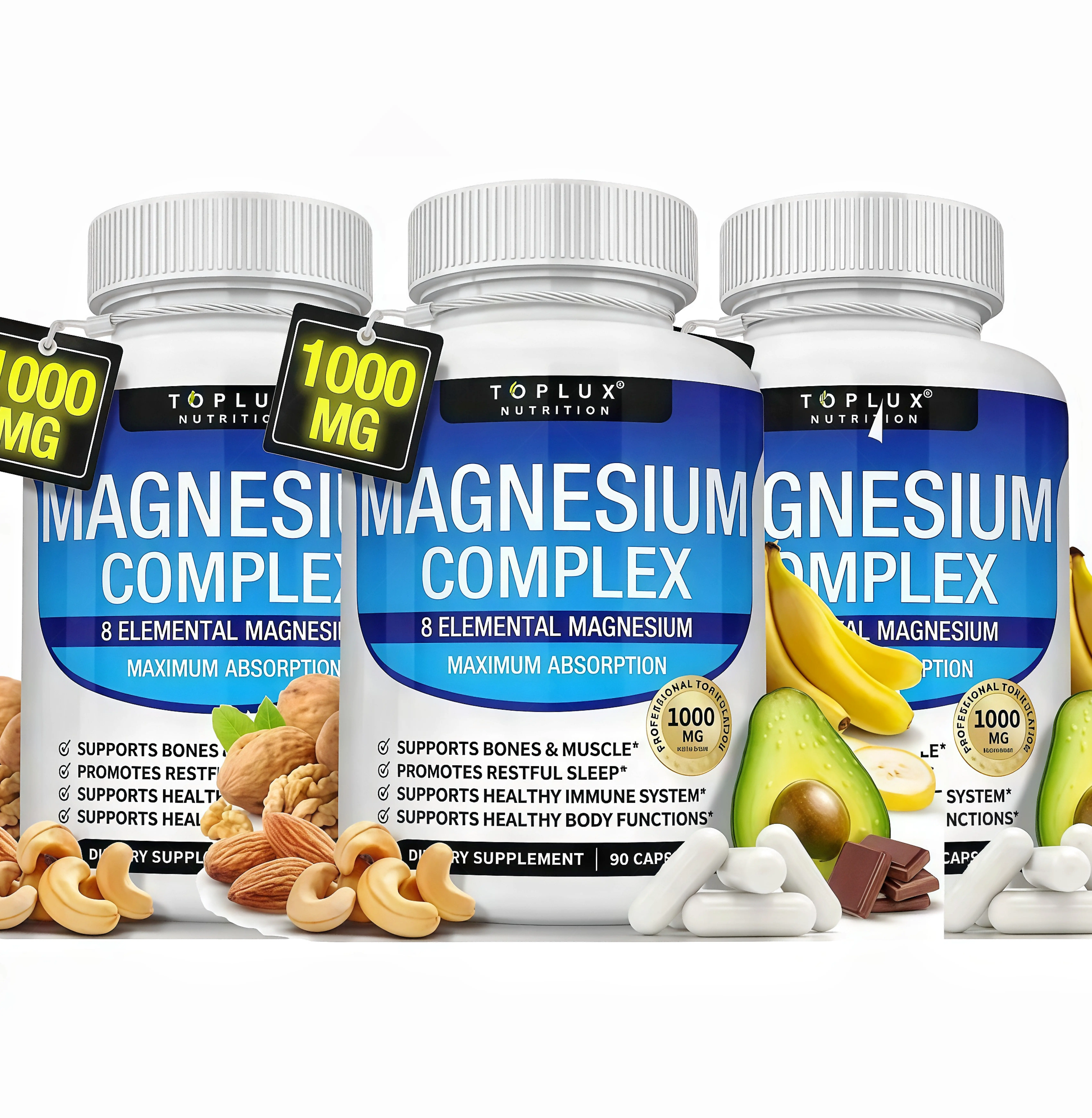 3 Pcs Toplux Magnesium Complex RT 8 Essential Magnesium Supplement 1000mg Fitness Edible