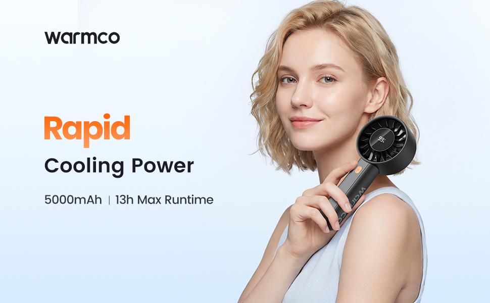Warmco Portable Handheld Fan Rechargeable, 5000mAh Turbo Personal Mini Desk Fan , 4-Speed, Battery Powered Cool Fan with LED Display and Base, Pocket Size for Office and Travel and Makeup