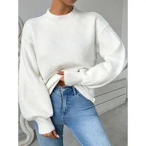 A set of women's fashionable pure white bubble sleeve knitted sweaters, suitable for autumn and winter, suitable for home, indoor, and outdoor wear