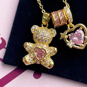 Women's Dainty Gold Teddy Bear Necklace, Pink CZ Bear & Open Heart Pendant, Adjustable Herringbone Chain Sparkly Kawaii Costume Jewelry, Perfect Birthday/Valentine’s Day Gift