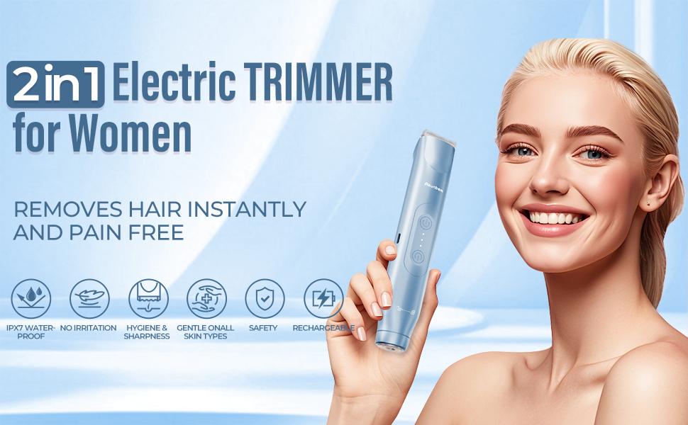 Akunbem Bikini Trimmer for Women, Electric Shaver and Razor Rechargeable 2-in-1 Body and Facial Hair Removal Double Head for Painless Trimming of Pubic Face Underarm Legs, IPX7 Waterproof,Blue Akunbem Bikini Trimmer for Women, Electric Shaver and Razor Rechargeable 2-in-1 Body and Facial Hair Removal Double Head for Painless Trimming of Pubic Face Underarm Legs, IPX7 Waterproof,Blue