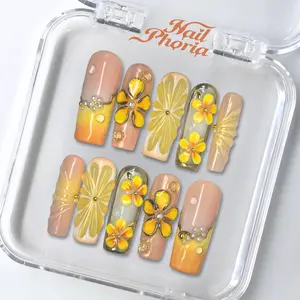 NailPhoria SUNLIT LEMON - Handmade Press-On Nails | Reusable, Salon-Quality, Long-Lasting, Glossy Design